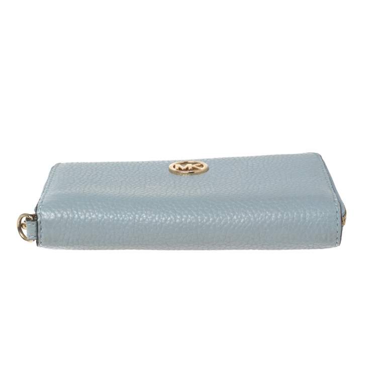 Pre Owned MICHAEL Michael Kors Light Blue Leather Fulton Zip Around Wallet