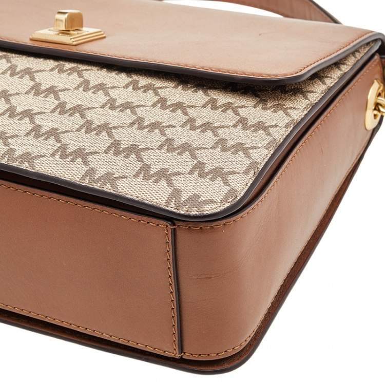 Pre Owned MICHAEL Michael Kors Beige/Brown Signature Coated Canvas and Leather Large Natalie Top Handle Bag