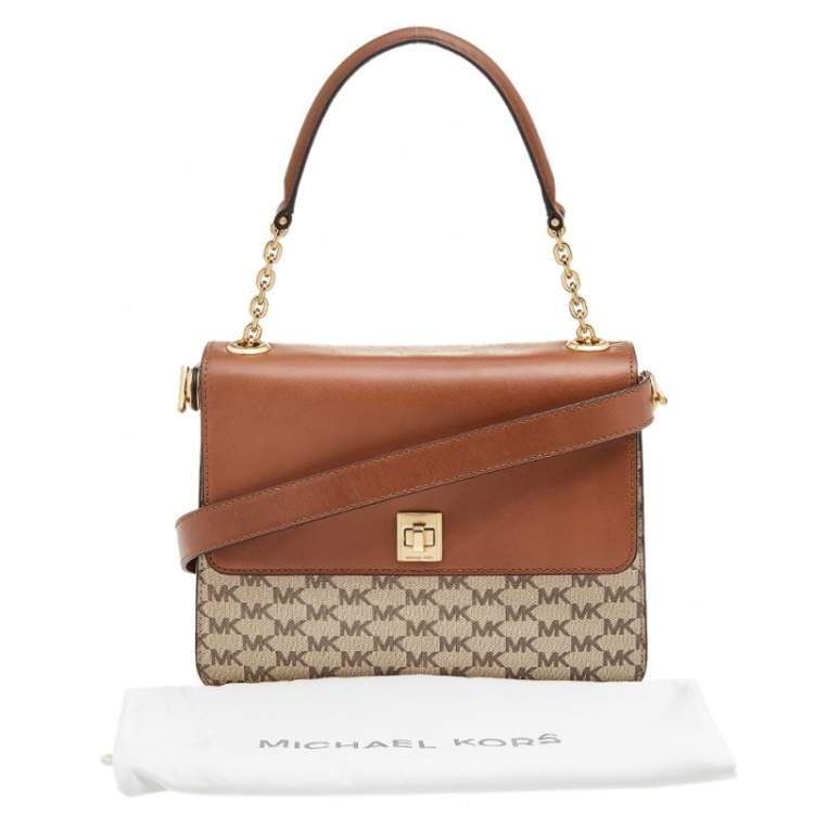 Pre Owned MICHAEL Michael Kors Beige/Brown Signature Coated Canvas and Leather Large Natalie Top Handle Bag