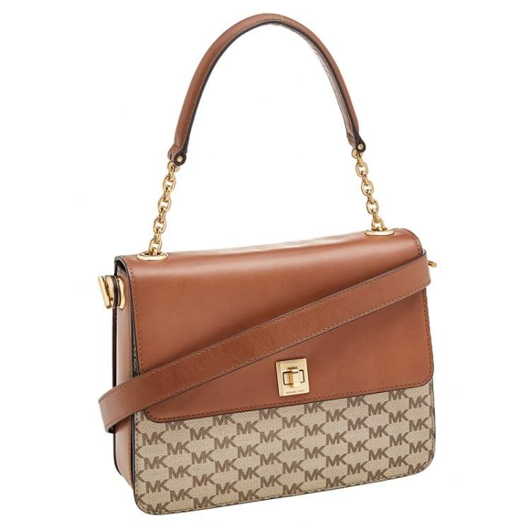 Pre Owned MICHAEL Michael Kors Beige/Brown Signature Coated Canvas and Leather Large Natalie Top Handle Bag