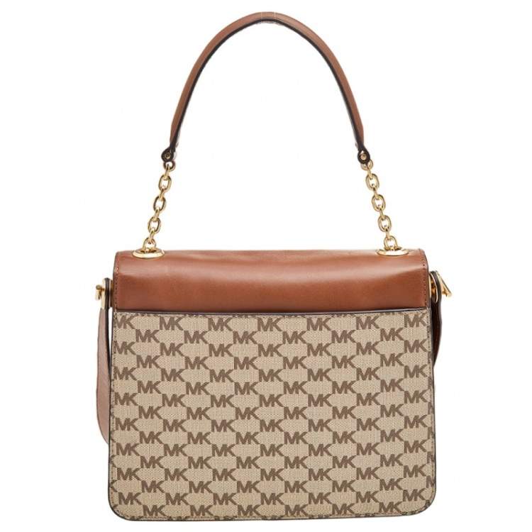 Pre Owned MICHAEL Michael Kors Beige/Brown Signature Coated Canvas and Leather Large Natalie Top Handle Bag