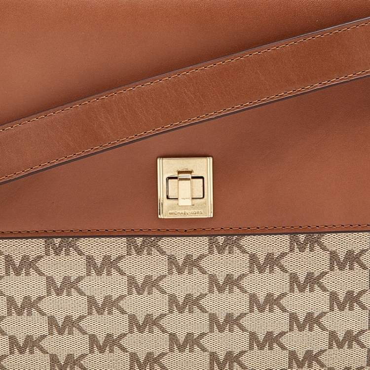 Pre Owned MICHAEL Michael Kors Beige/Brown Signature Coated Canvas and Leather Large Natalie Top Handle Bag