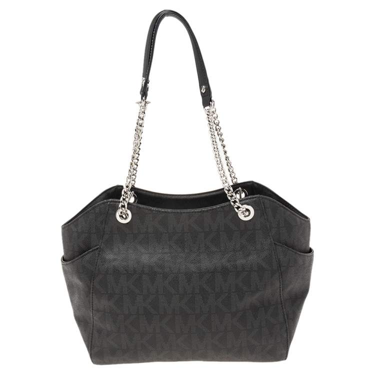 Pre Owned MICHALE Michael Kors Black Signature Coated Canvas Jet Set Travel Chain Tote