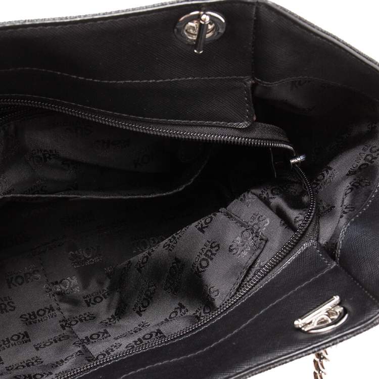 Pre Owned MICHALE Michael Kors Black Signature Coated Canvas Jet Set Travel Chain Tote