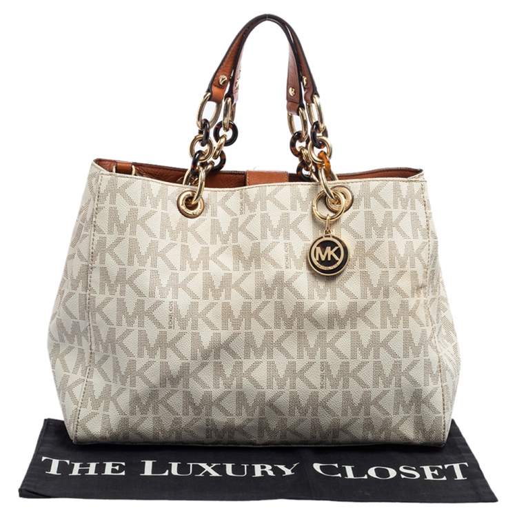 Pre Owned MICHAEL Michael Kors Off White Signature Coated Canvas Chain Tote