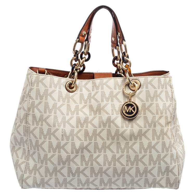 Pre Owned MICHAEL Michael Kors Off White Signature Coated Canvas Chain Tote