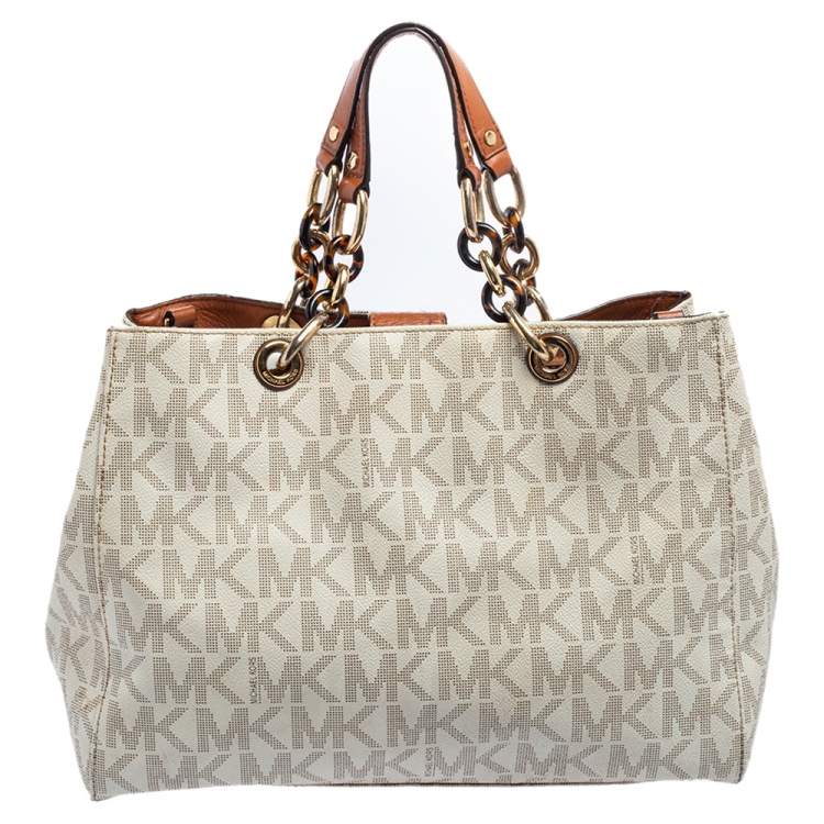 Pre Owned MICHAEL Michael Kors Off White Signature Coated Canvas Chain Tote