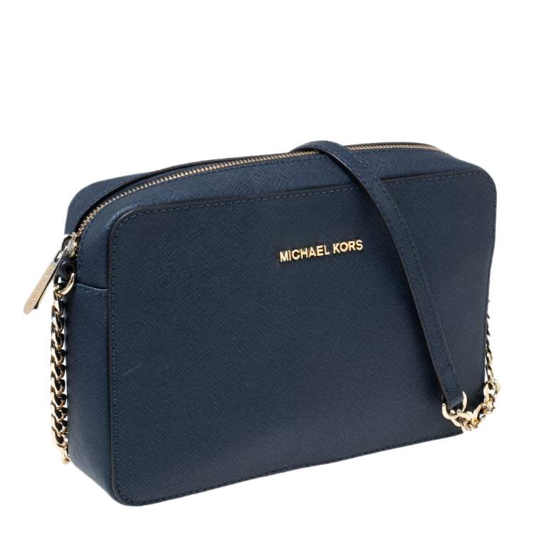 Pre Owned Michael Kors Blue Saffiano Leather Jet Set Camera Crossbody Bag