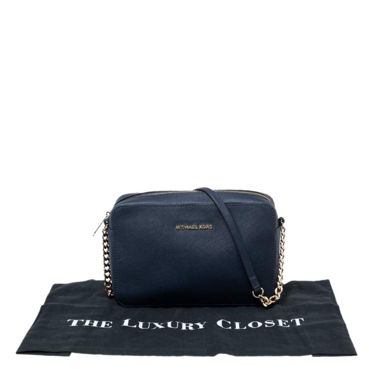 Pre Owned Michael Kors Blue Saffiano Leather Jet Set Camera Crossbody Bag