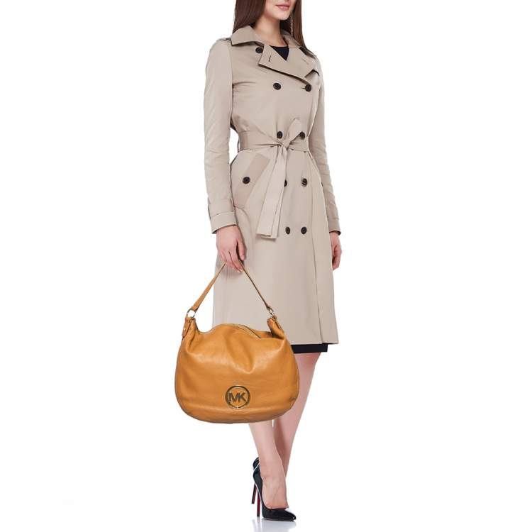 Pre Owned MICHAEL Michael Kors Caramel Brown Leather Logo Zip Hobo