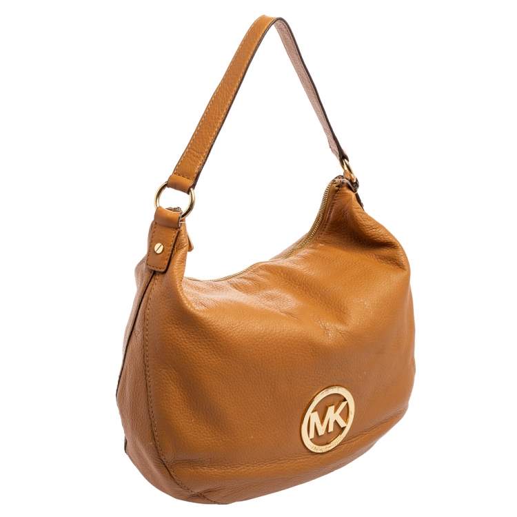 Pre Owned MICHAEL Michael Kors Caramel Brown Leather Logo Zip Hobo