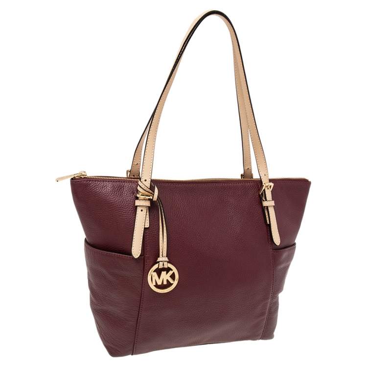 Pre Owned MICHAEL Michael Kors Burgundy/Beige Leather Jet Set Top Zip Tote