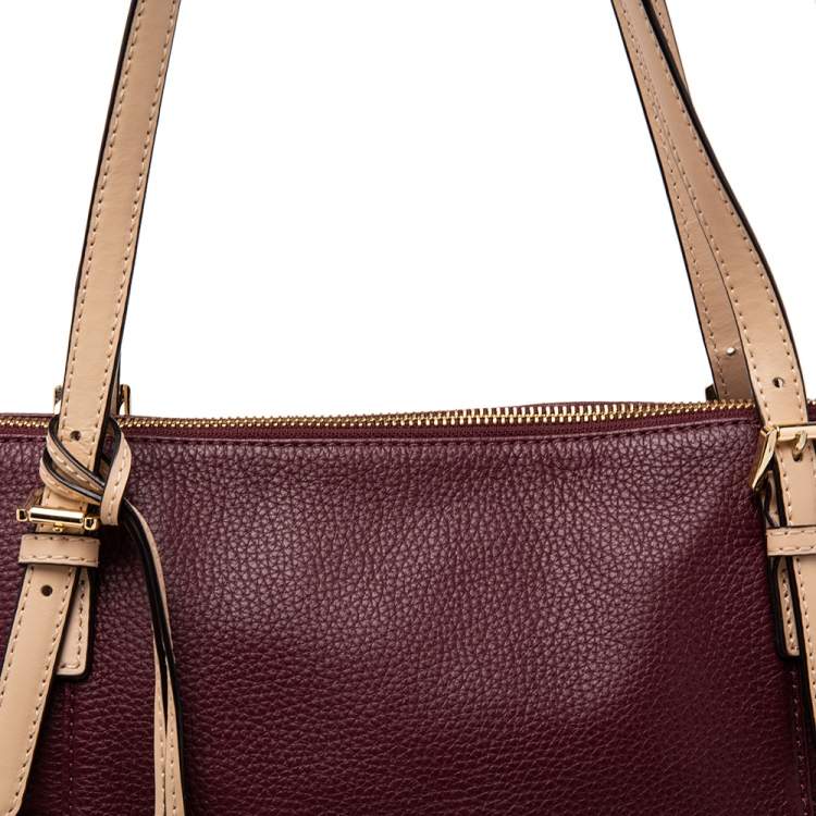 Pre Owned MICHAEL Michael Kors Burgundy/Beige Leather Jet Set Top Zip Tote