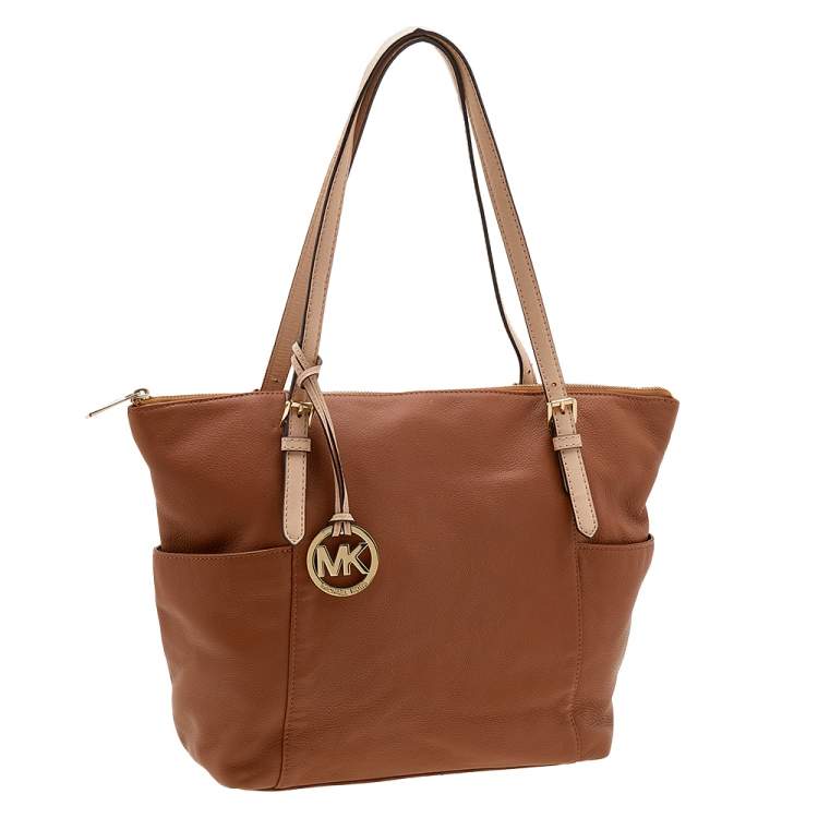Pre Owned MICHAEL Michael Kors Brown/Beige Leather Jet Set Top Zip Tote