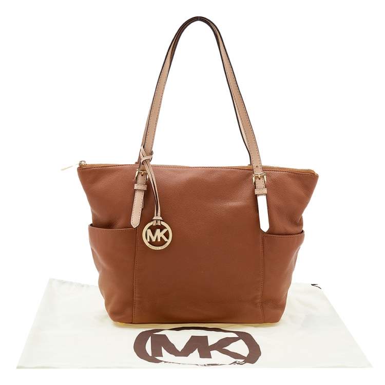 Pre Owned MICHAEL Michael Kors Brown/Beige Leather Jet Set Top Zip Tote
