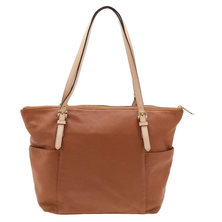 Pre Owned MICHAEL Michael Kors Brown/Beige Leather Jet Set Top Zip Tote