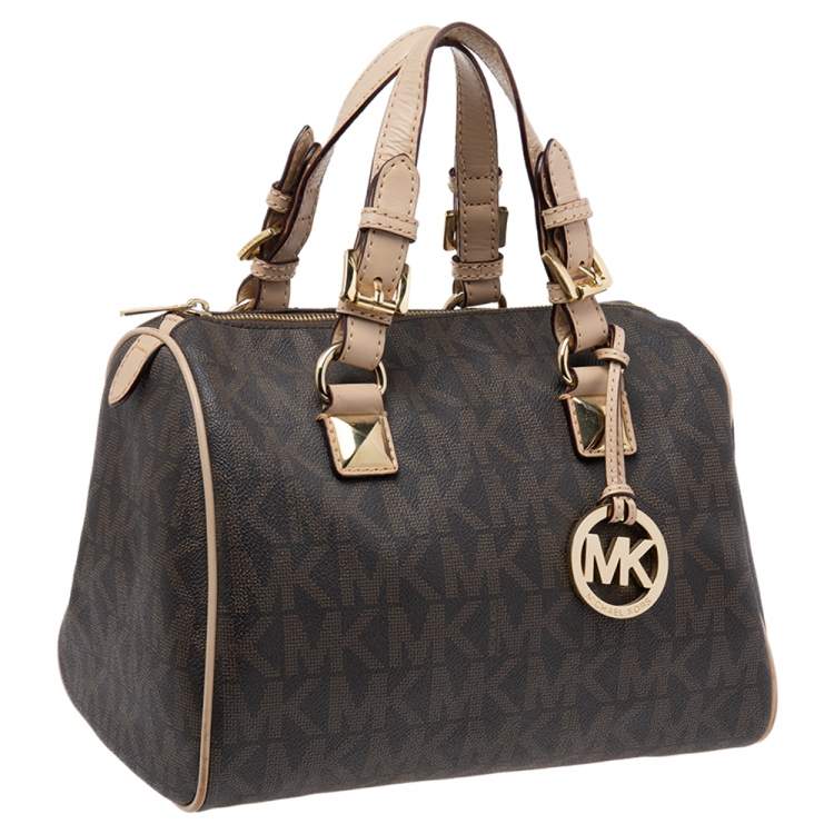 Pre Owned MICHAEL Michael Kors Brown/Beige Signature Coated Canvas And Leather Grayson Satchel