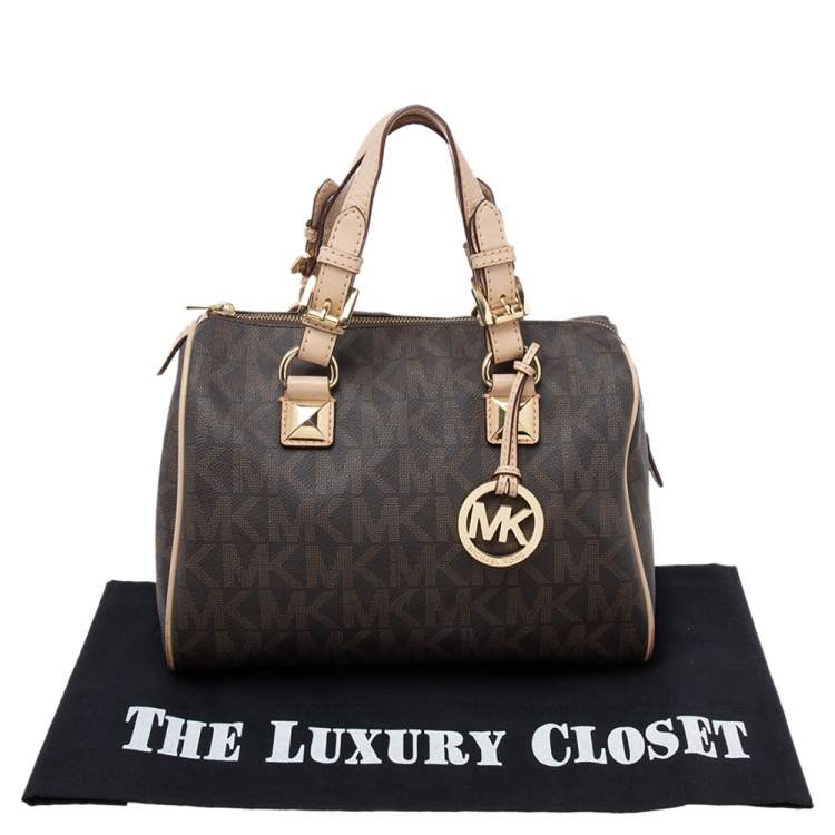 Pre Owned MICHAEL Michael Kors Brown/Beige Signature Coated Canvas And Leather Grayson Satchel