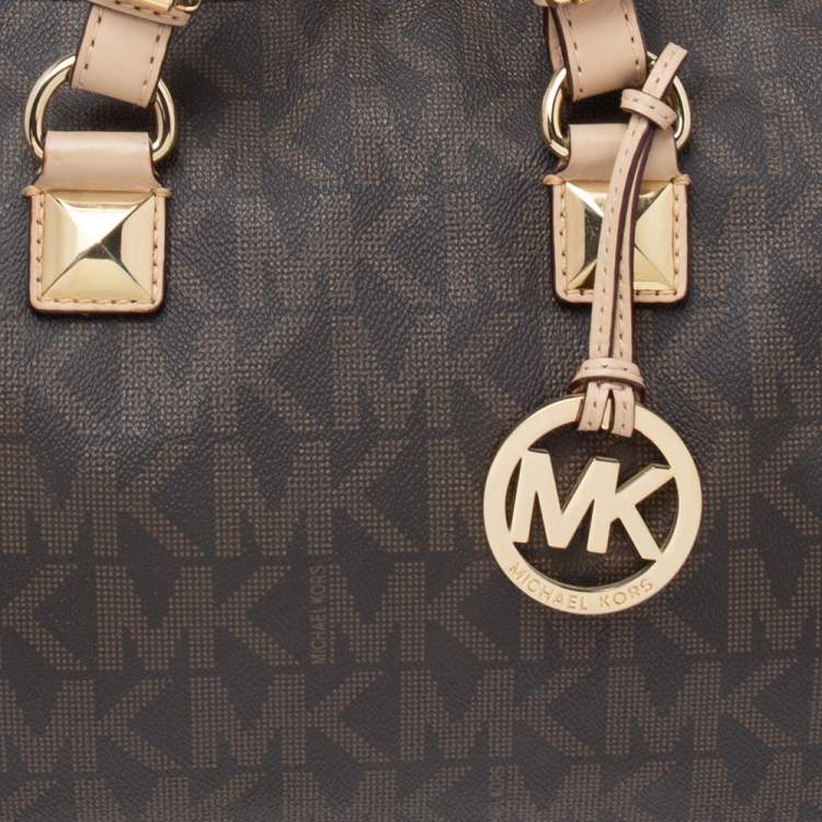 Pre Owned MICHAEL Michael Kors Brown/Beige Signature Coated Canvas And Leather Grayson Satchel