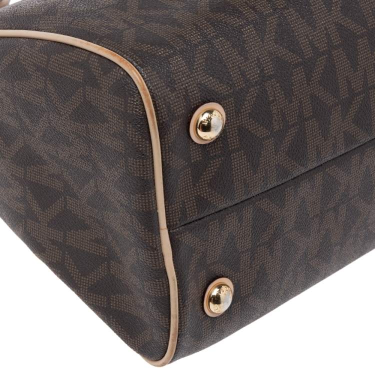 Pre Owned MICHAEL Michael Kors Brown/Beige Signature Coated Canvas And Leather Grayson Satchel