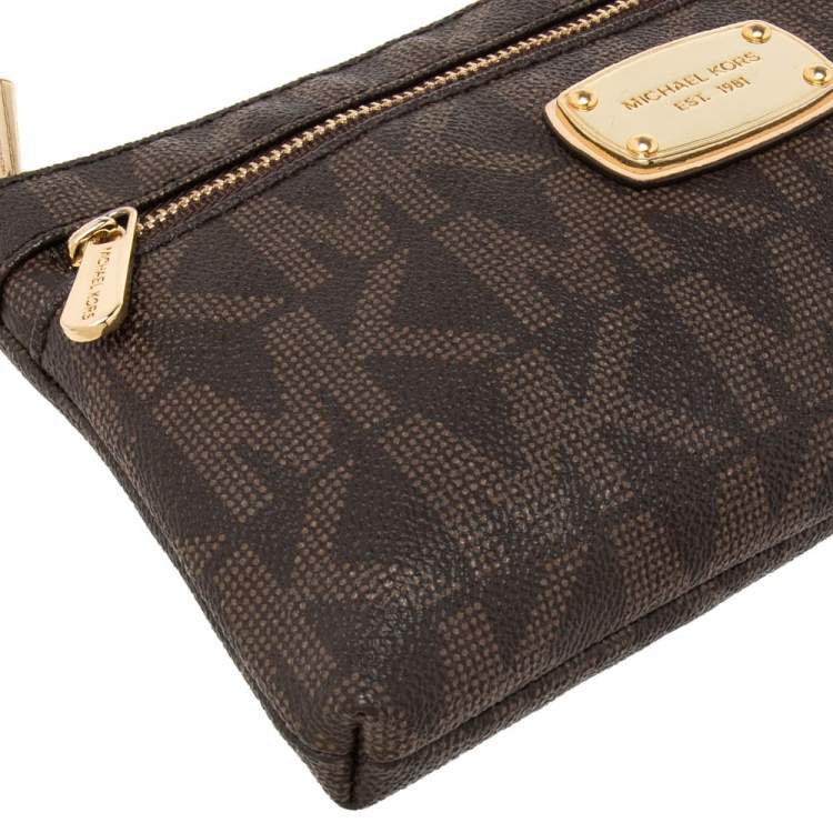 Pre Owned MICHAEL Michael Kors Brown Signature Coated Canvas Travel Wristlet 