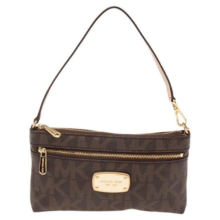 Pre Owned MICHAEL Michael Kors Brown Signature Coated Canvas Travel Wristlet 