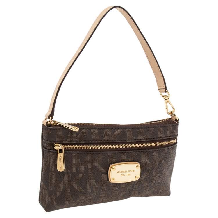 Pre Owned MICHAEL Michael Kors Brown Signature Coated Canvas Travel Wristlet 