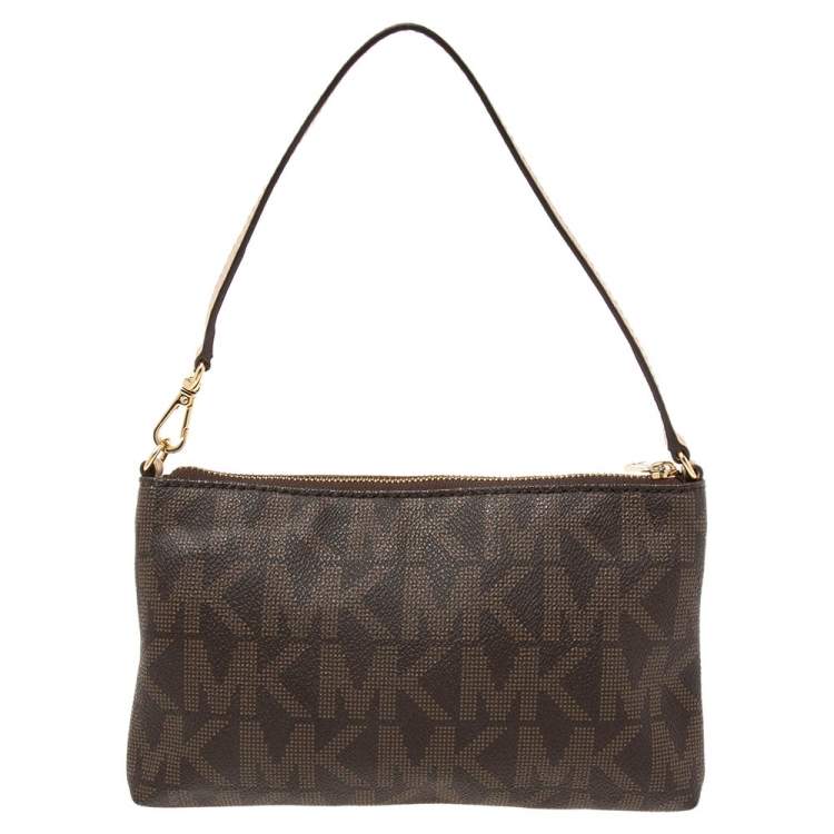 Pre Owned MICHAEL Michael Kors Brown Signature Coated Canvas Travel Wristlet 