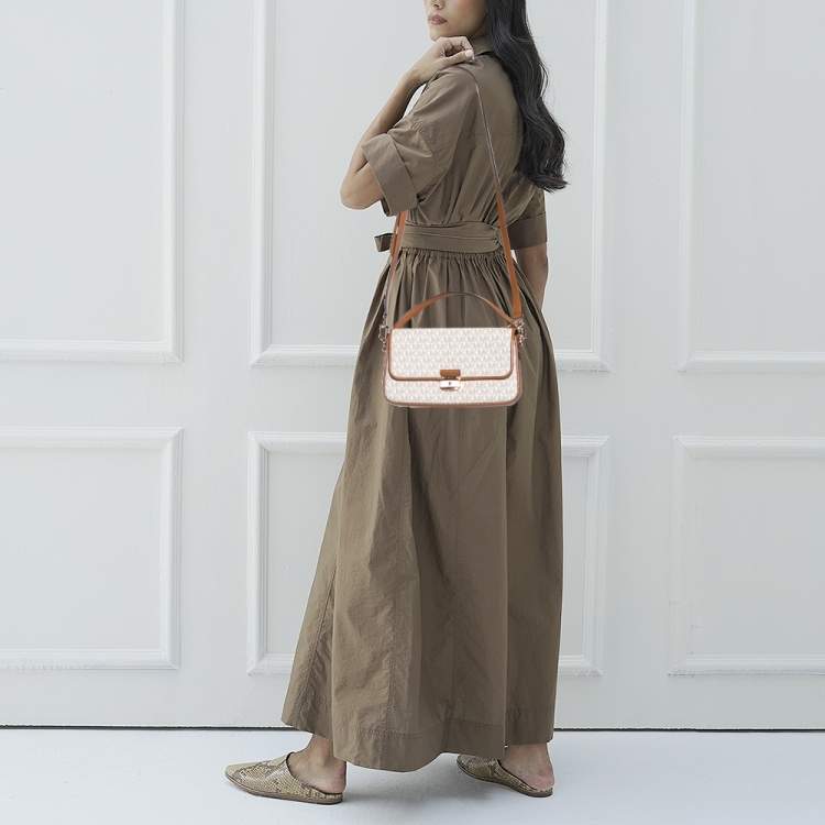 Pre Owned Michael Kors White/Brown Signature Canvas and Leather Bradshaw Logo Convertible Shoulder Bag