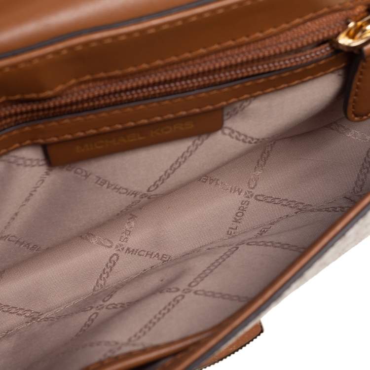 Pre Owned Michael Kors White/Brown Signature Canvas and Leather Bradshaw Logo Convertible Shoulder Bag