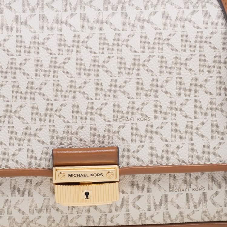 Pre Owned Michael Kors White/Brown Signature Canvas and Leather Bradshaw Logo Convertible Shoulder Bag
