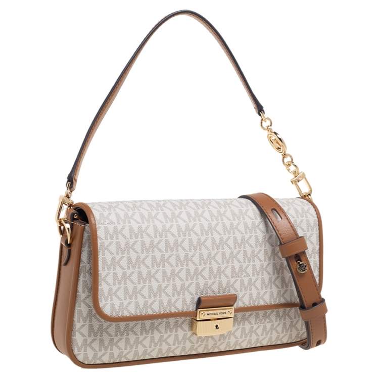 Pre Owned Michael Kors White/Brown Signature Canvas and Leather Bradshaw Logo Convertible Shoulder Bag