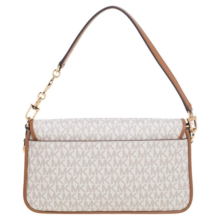 Pre Owned Michael Kors White/Brown Signature Canvas and Leather Bradshaw Logo Convertible Shoulder Bag