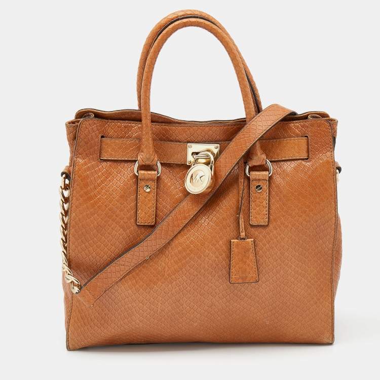 Pre Owned MICHAEL Michael Kors Tan Python Embossed Leather Large Hamilton North South Tote