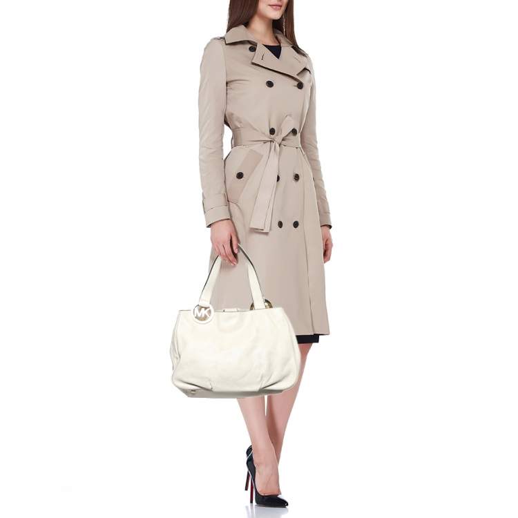 Pre Owned MICHAEL Michael Kors White Leather Fulton East West Tote