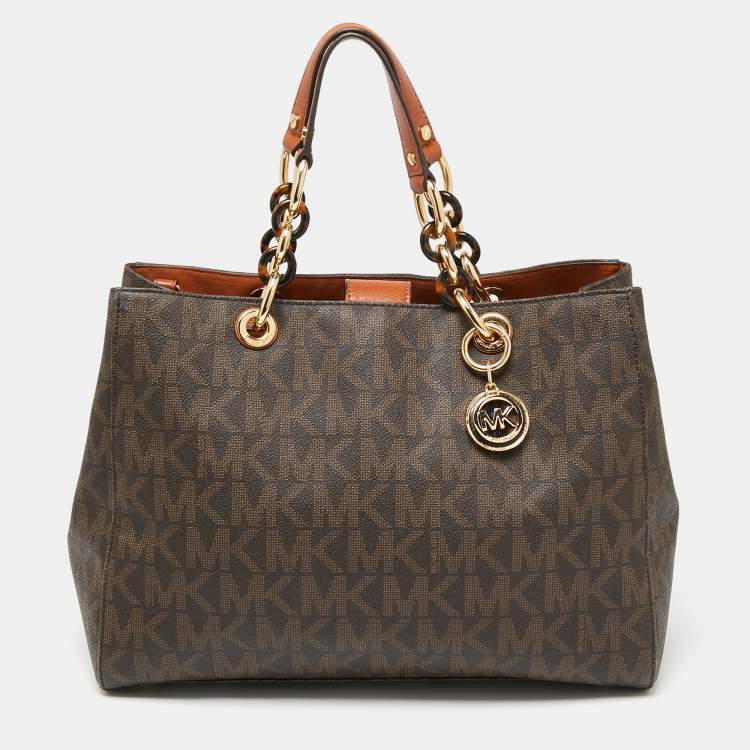 Pre Owned MICHAEL Michael Kors Dark Brown Signature Coated Canvas Large Cynthia Tote