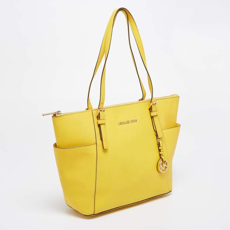 Pre Owned MICHAEL Michael Kors Yellow Leather Medium Jet Set Top Zip Tote