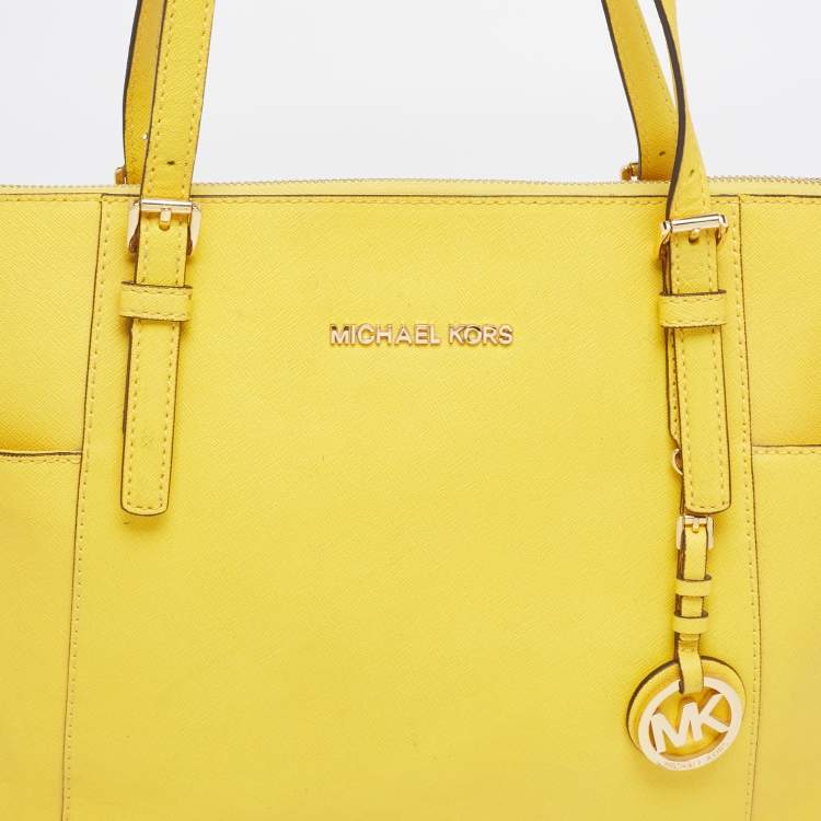Pre Owned MICHAEL Michael Kors Yellow Leather Medium Jet Set Top Zip Tote
