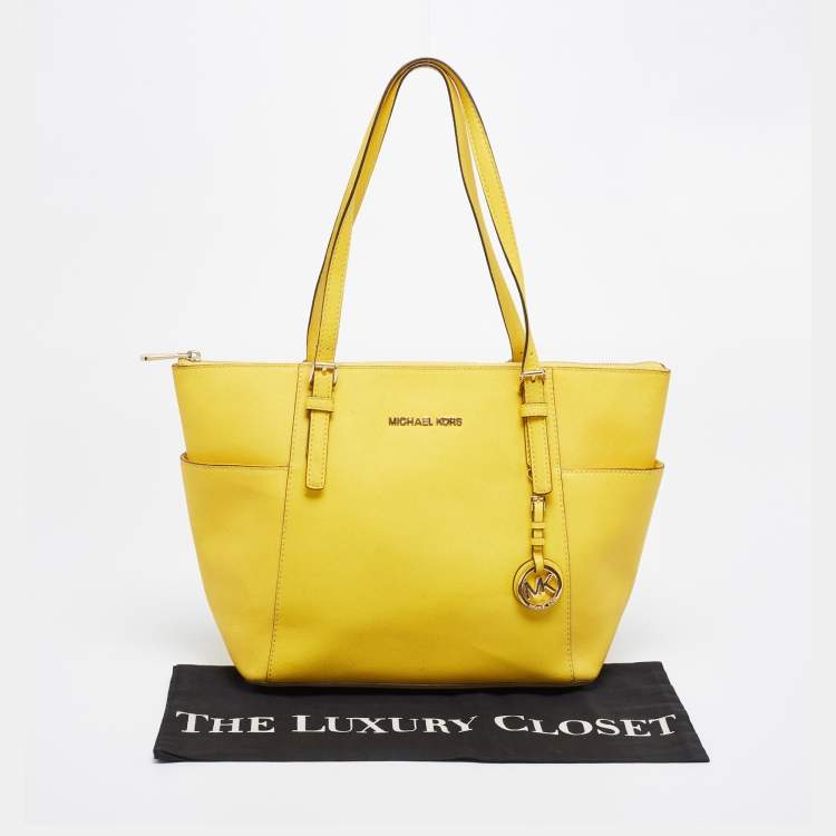 Pre Owned MICHAEL Michael Kors Yellow Leather Medium Jet Set Top Zip Tote