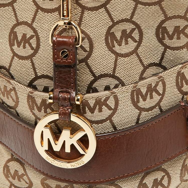 Pre Owned MICHAEL Michael Kors Beige/Brown Signature Canvas And Leather Hobo