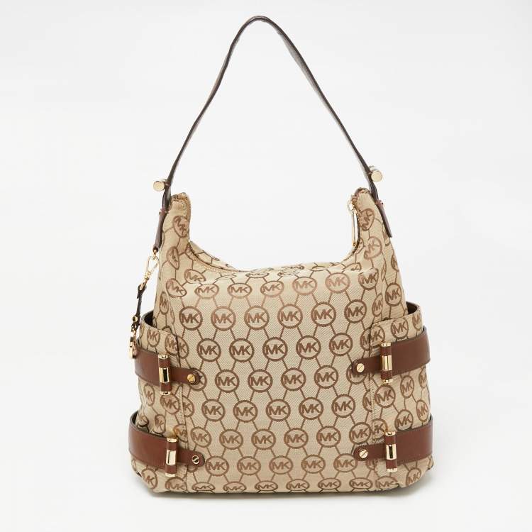 Pre Owned MICHAEL Michael Kors Beige/Brown Signature Canvas And Leather Hobo