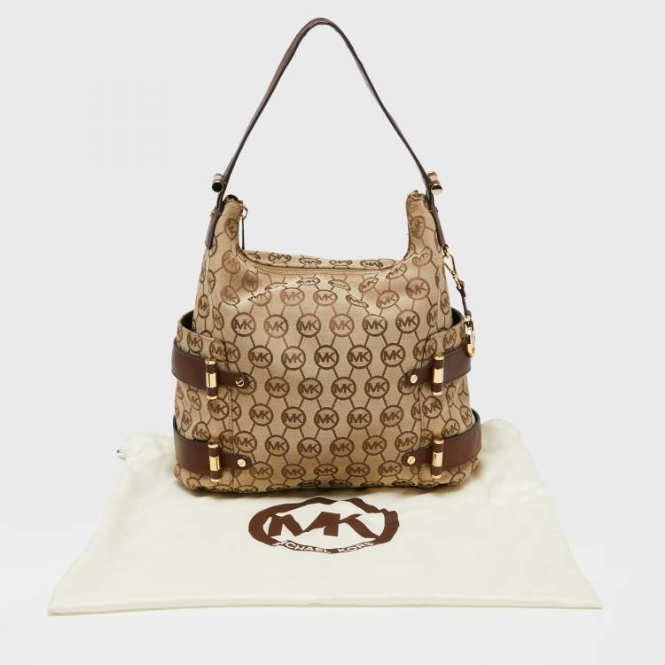 Pre Owned MICHAEL Michael Kors Beige/Brown Signature Canvas And Leather Hobo