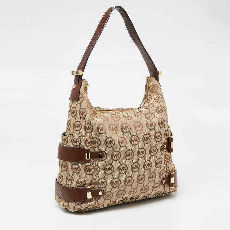 Pre Owned MICHAEL Michael Kors Beige/Brown Signature Canvas And Leather Hobo