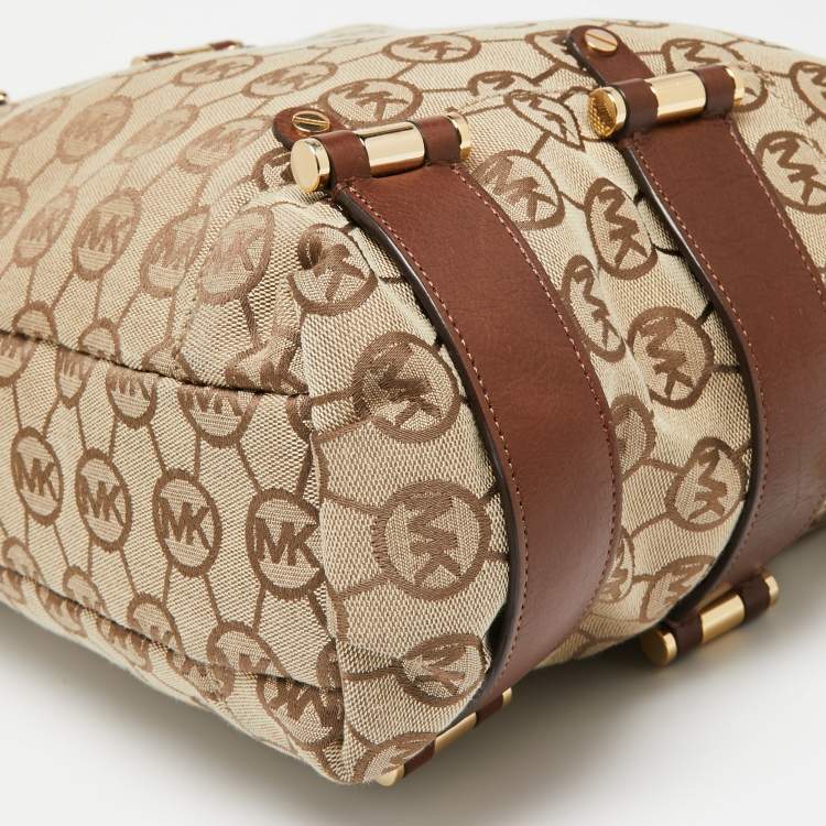 Pre Owned MICHAEL Michael Kors Beige/Brown Signature Canvas And Leather Hobo