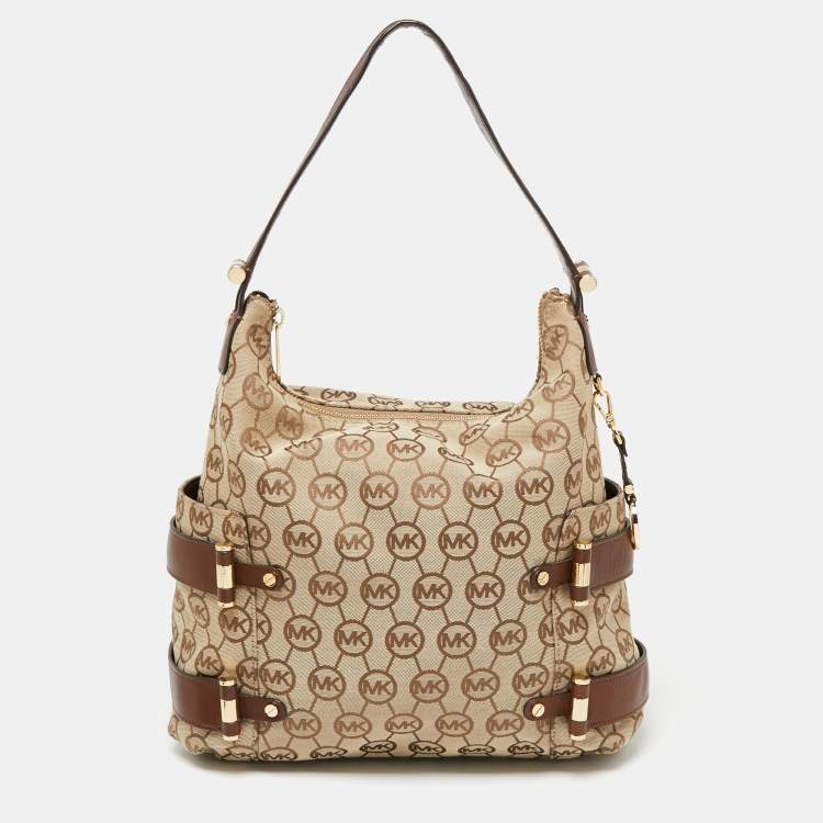 Pre Owned MICHAEL Michael Kors Beige/Brown Signature Canvas And Leather Hobo