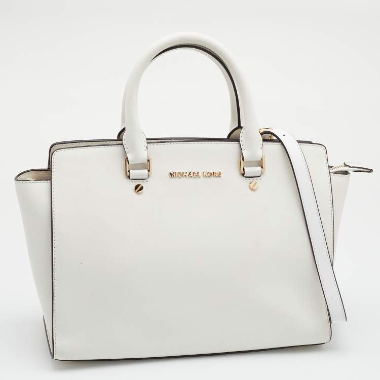 Pre Owned MICHAEL Michael Kors White Saffiano Leather Large Selma Satchel