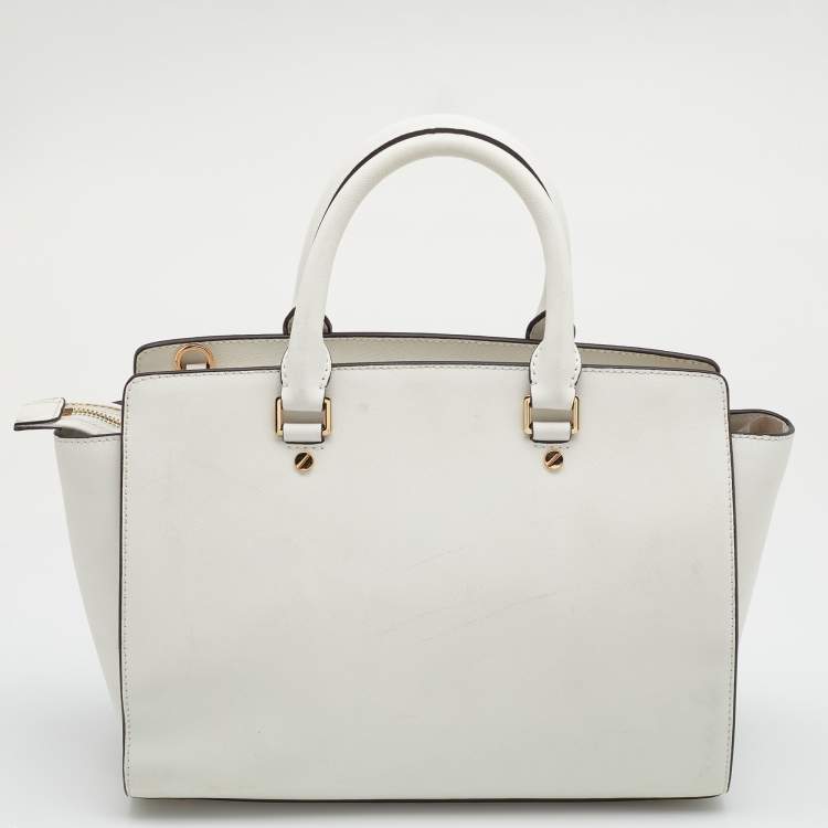 Pre Owned MICHAEL Michael Kors White Saffiano Leather Large Selma Satchel