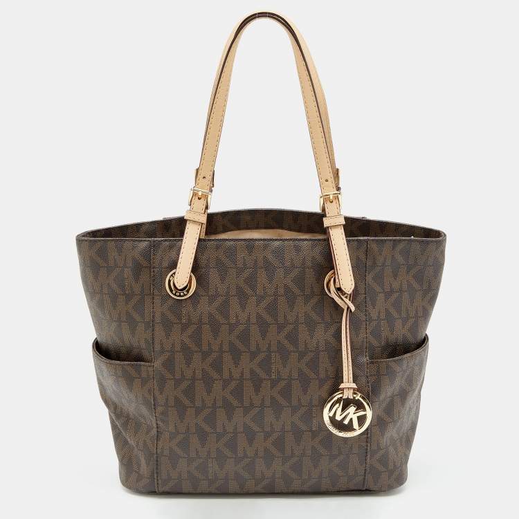 مملوكة مسبقًا MICHAEL Michael Kors Brown/Beige Signature Coated Canvas And Leather Jet Set Tote