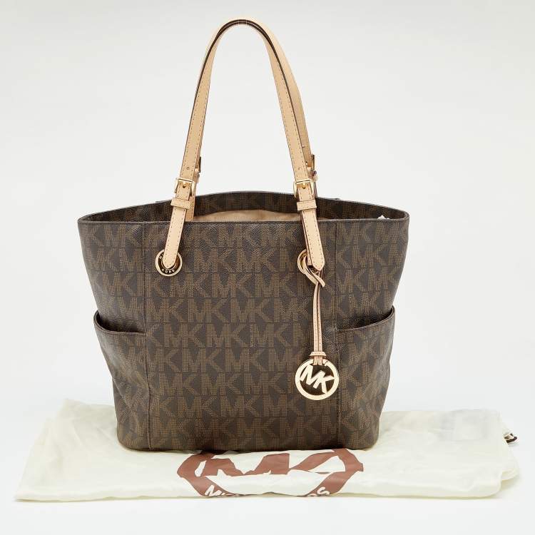 مملوكة مسبقًا MICHAEL Michael Kors Brown/Beige Signature Coated Canvas And Leather Jet Set Tote