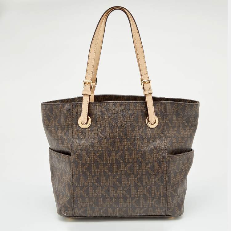 مملوكة مسبقًا MICHAEL Michael Kors Brown/Beige Signature Coated Canvas And Leather Jet Set Tote